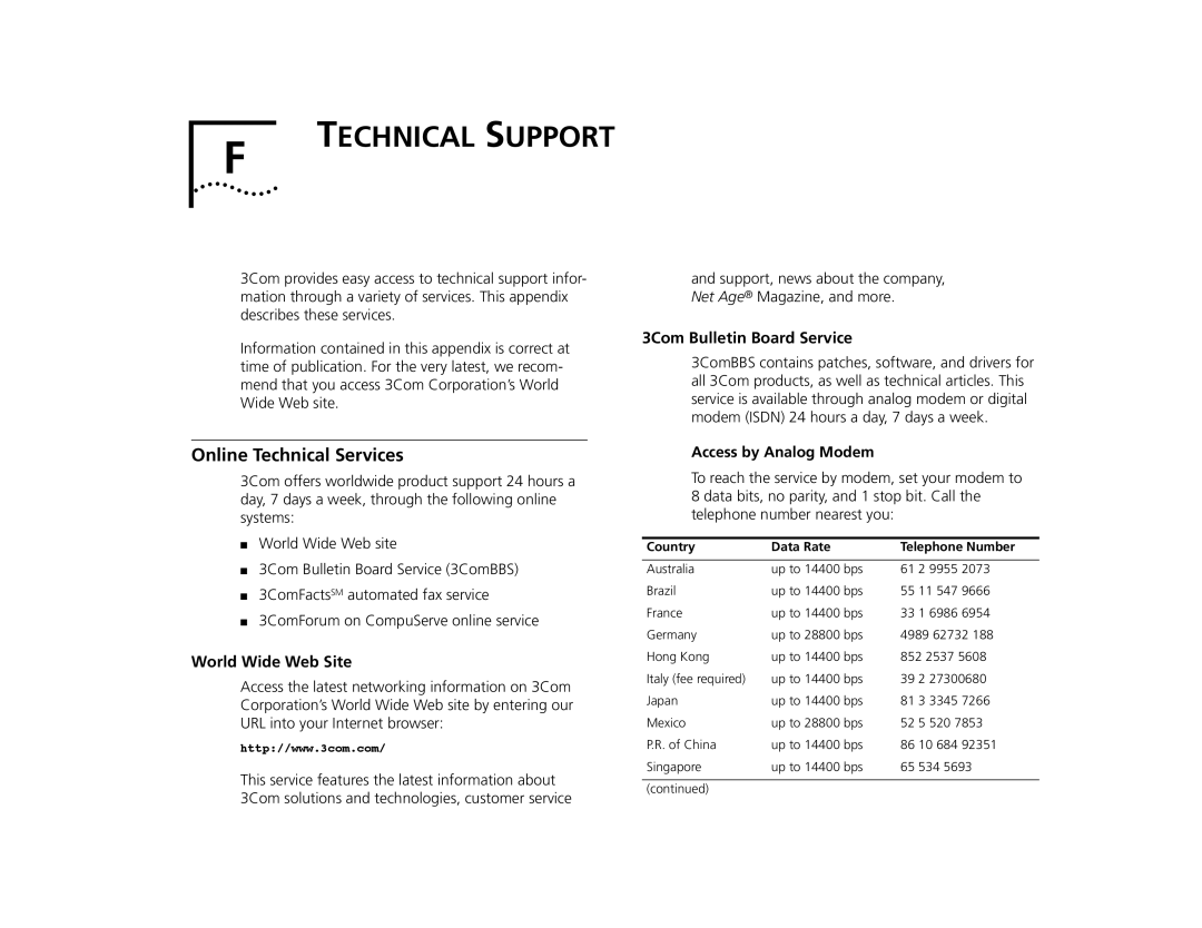 3Com TR manual Technical Support, Online Technical Services, World Wide Web Site, 3Com Bulletin Board Service 