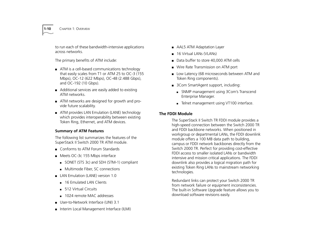 3Com TR manual Fddi Module, Summary of ATM Features 