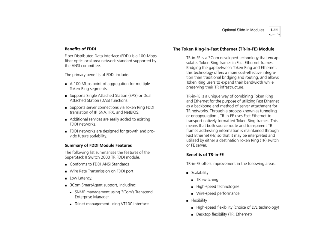 3Com Token Ring-in-Fast Ethernet TR-in-FE Module, Beneﬁts of Fddi, Summary of Fddi Module Features, Beneﬁts of TR-in-FE 