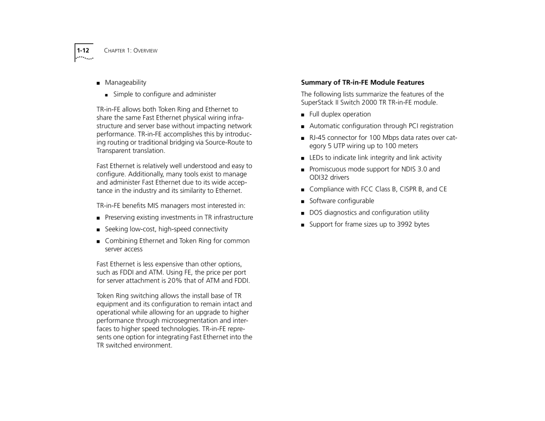 3Com manual Summary of TR-in-FE Module Features 