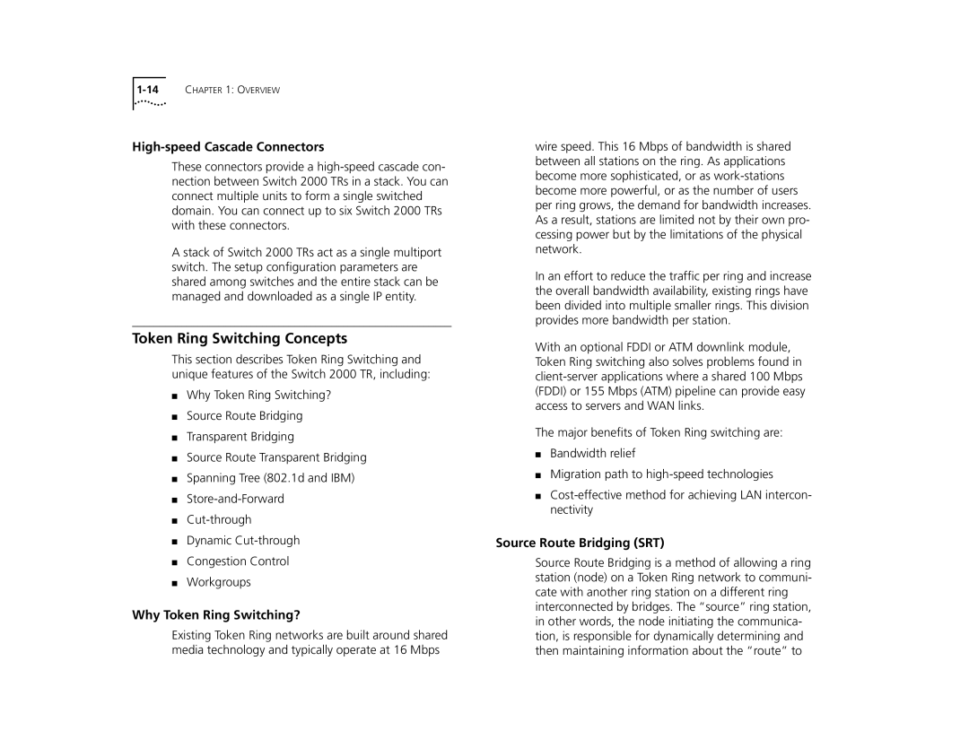 3Com TR Token Ring Switching Concepts, High-speed Cascade Connectors, Why Token Ring Switching?, Source Route Bridging SRT 