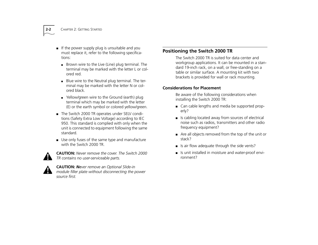 3Com manual Positioning the Switch 2000 TR, Considerations for Placement 