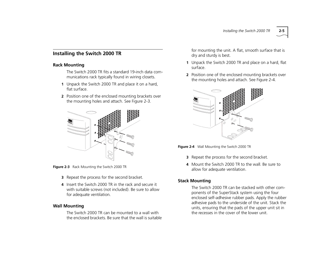 3Com manual Installing the Switch 2000 TR, Rack Mounting, Wall Mounting, Stack Mounting 