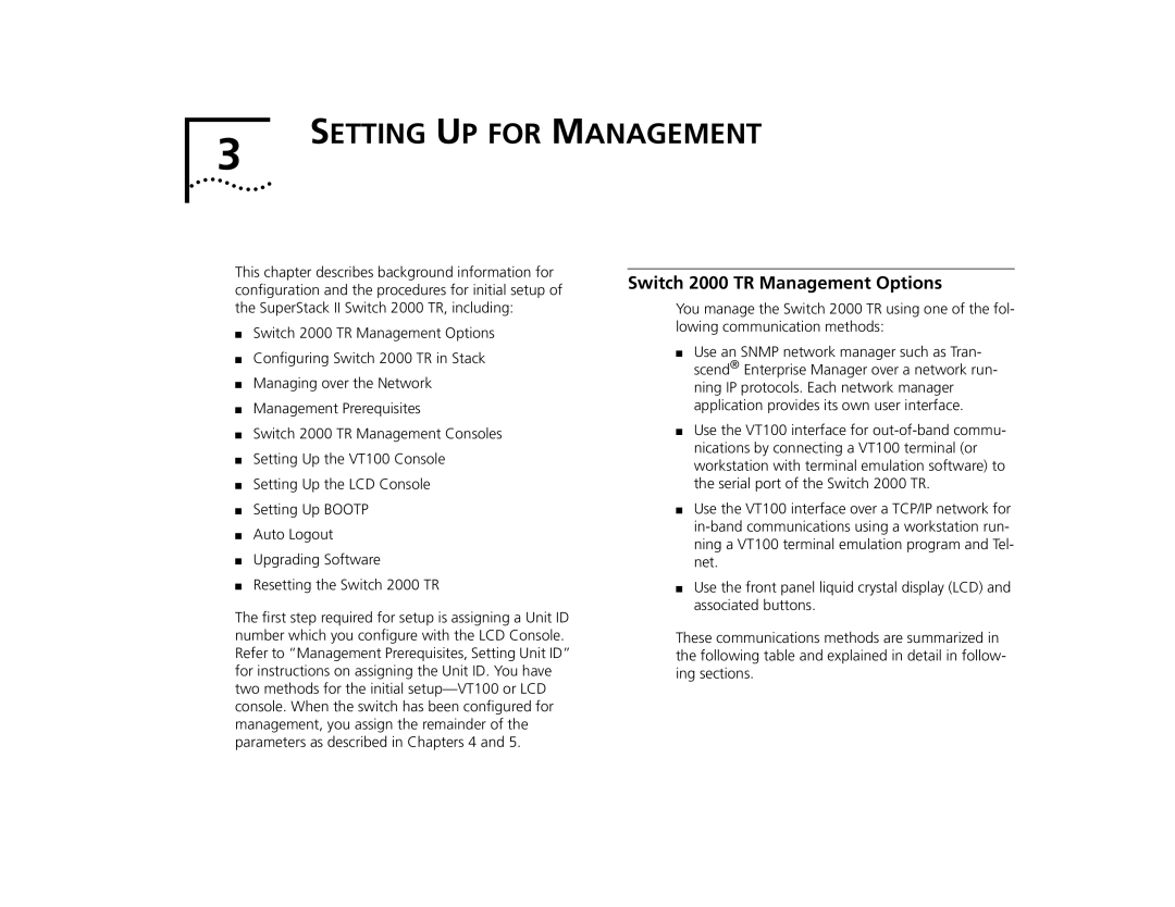 3Com manual Setting UP for Management, Switch 2000 TR Management Options 