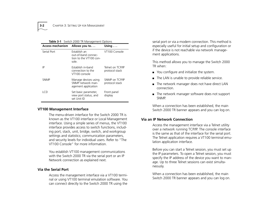 3Com TR manual VT100 Management Interface, Via the Serial Port, Via an IP Network Connection 