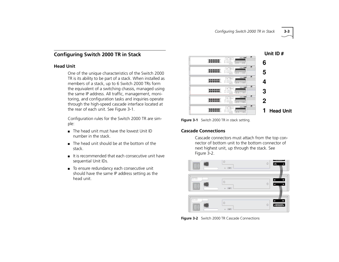 3Com manual Conﬁguring Switch 2000 TR in Stack, Head Unit, Cascade Connections 