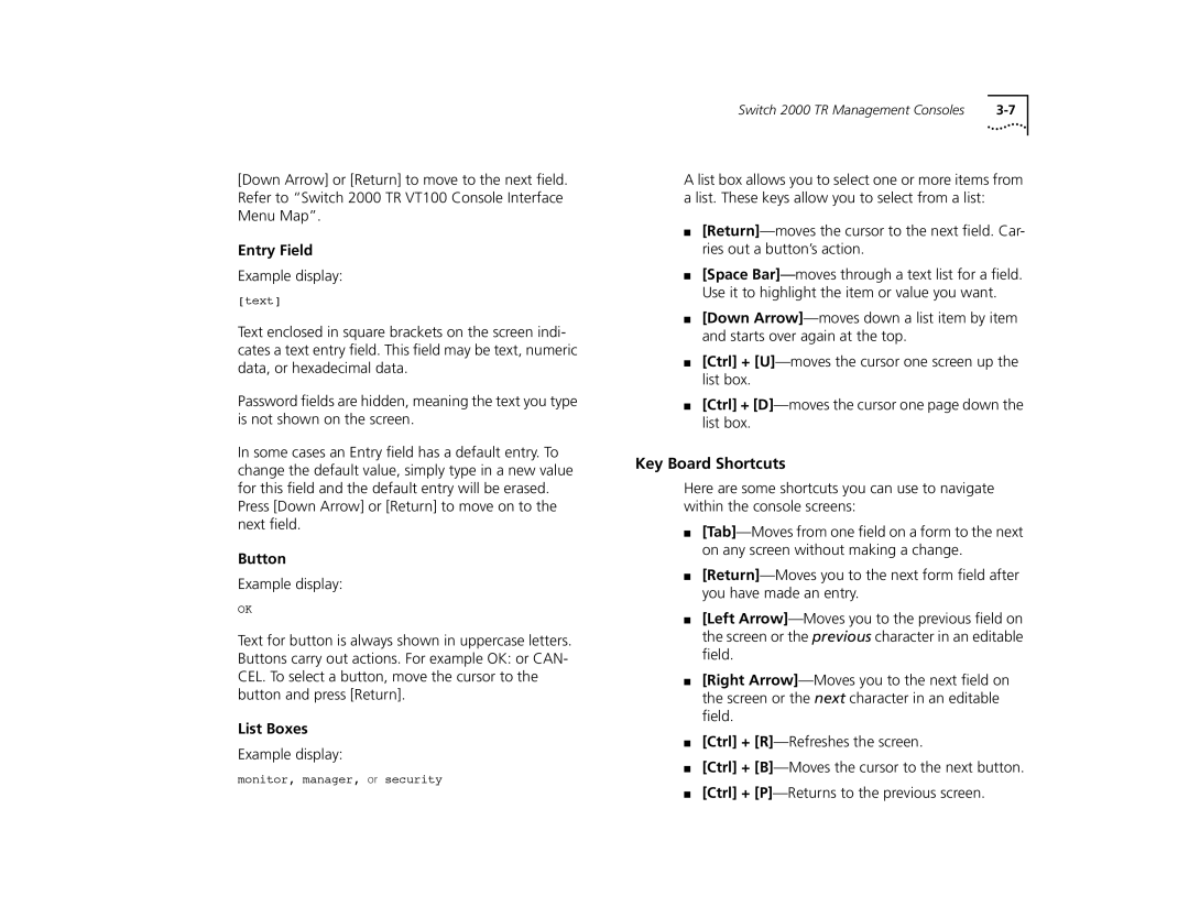 3Com TR manual Key Board Shortcuts, Entry Field, Button, List Boxes 