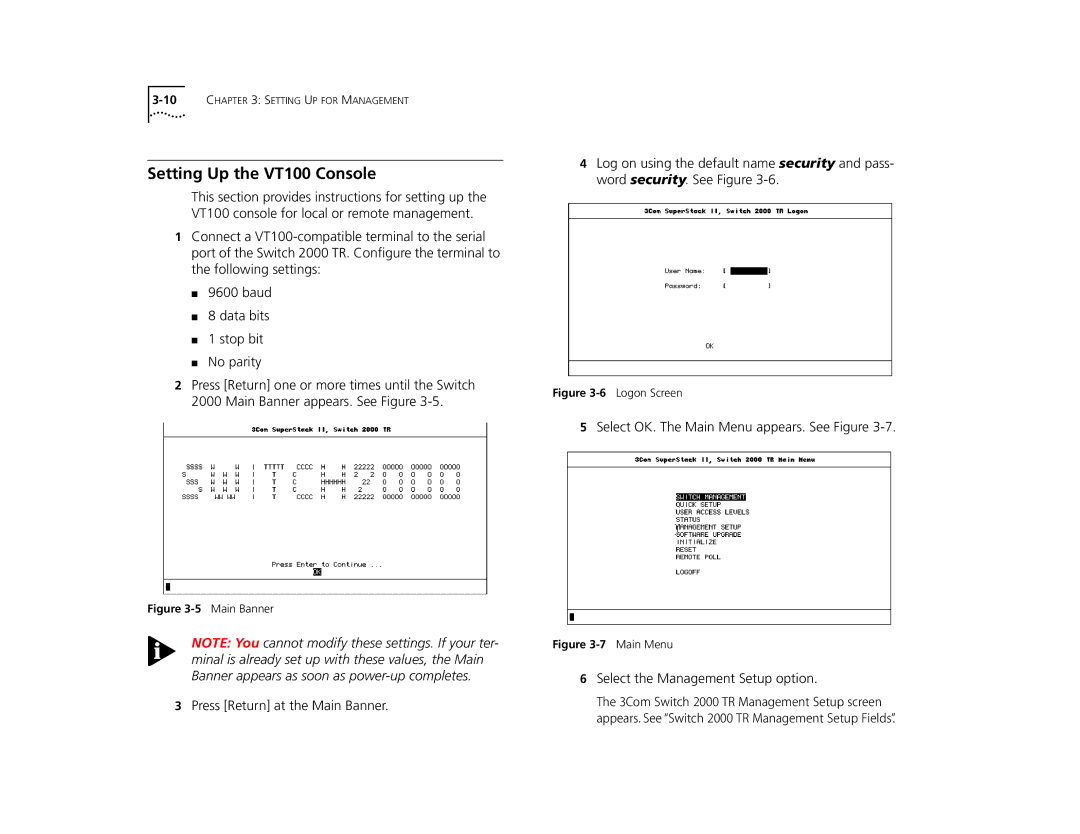 3Com TR manual Setting Up the VT100 Console, Main Banner 