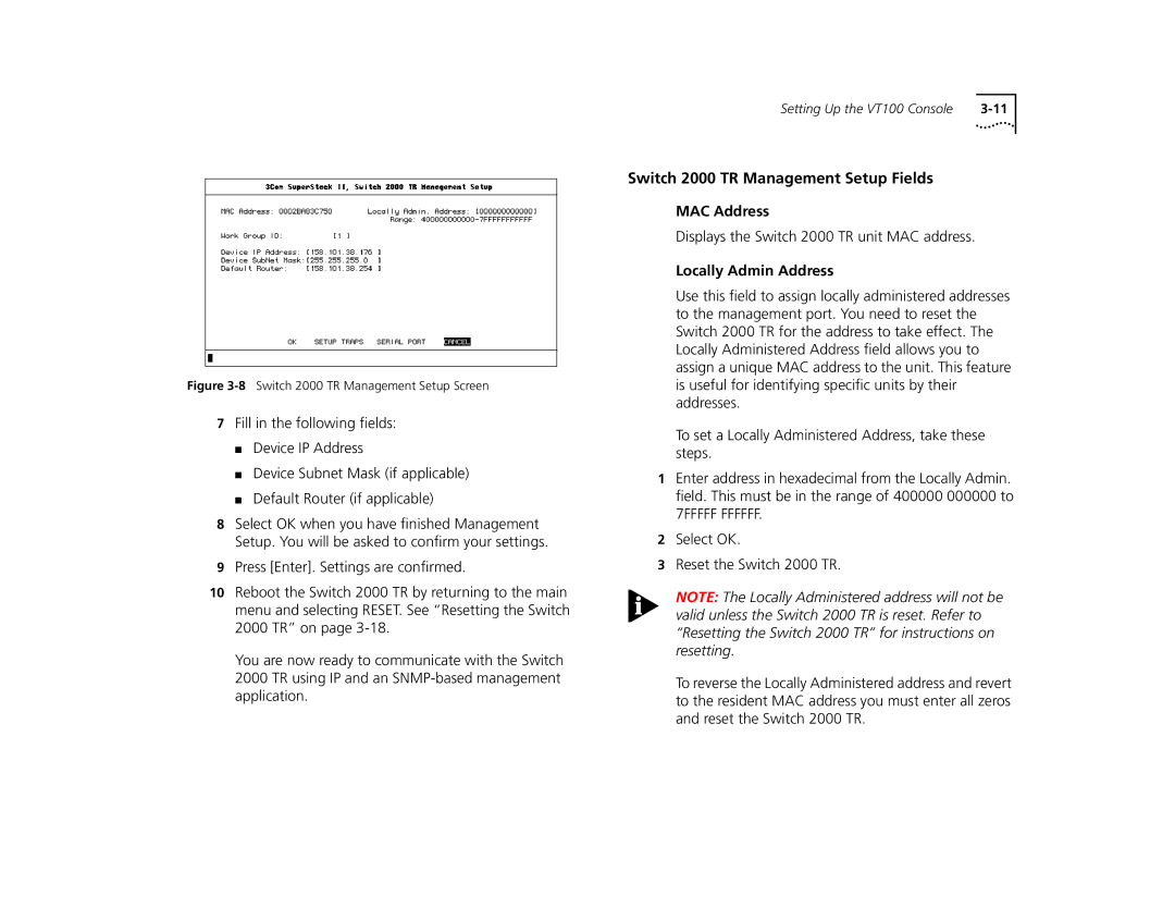 3Com manual Switch 2000 TR Management Setup Fields, MAC Address, Locally Admin Address 