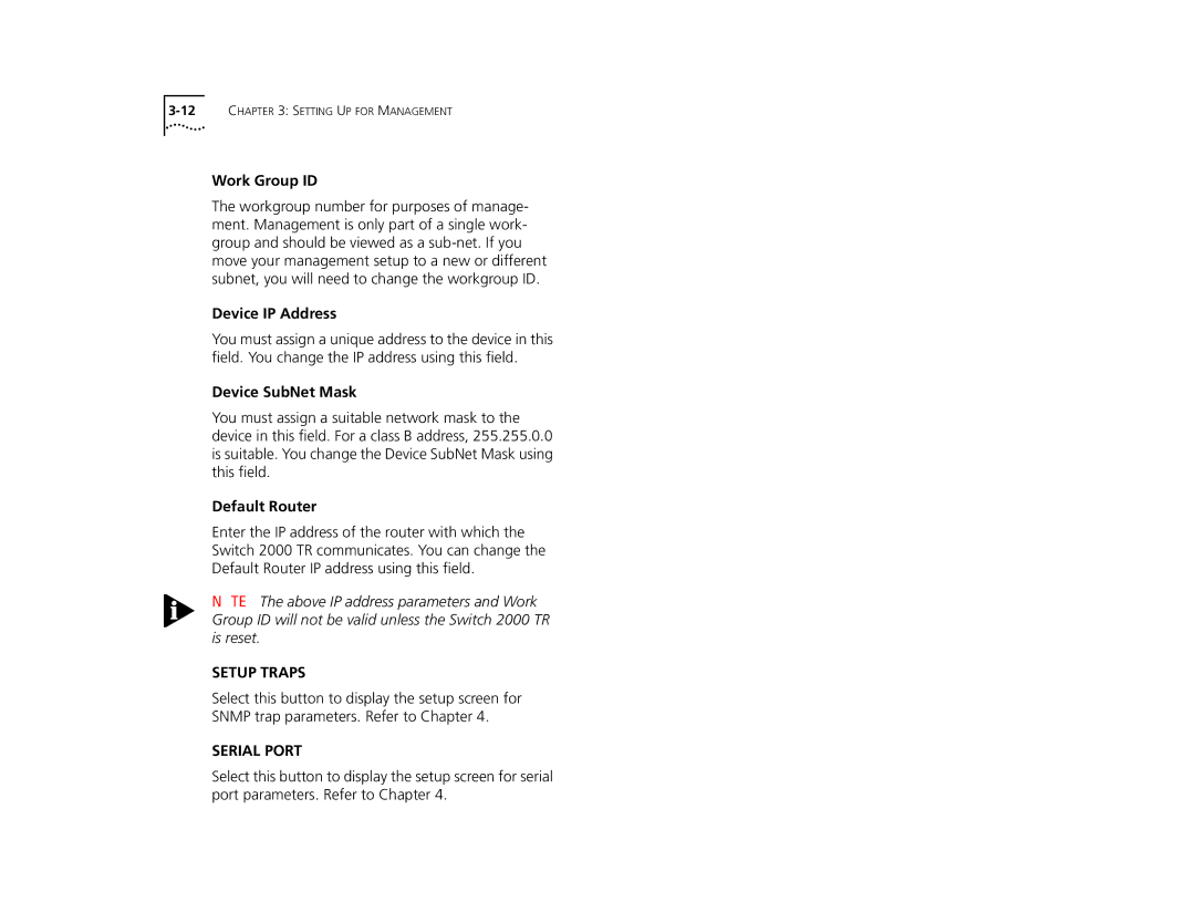 3Com TR manual Work Group ID, Device IP Address, Device SubNet Mask, Default Router 