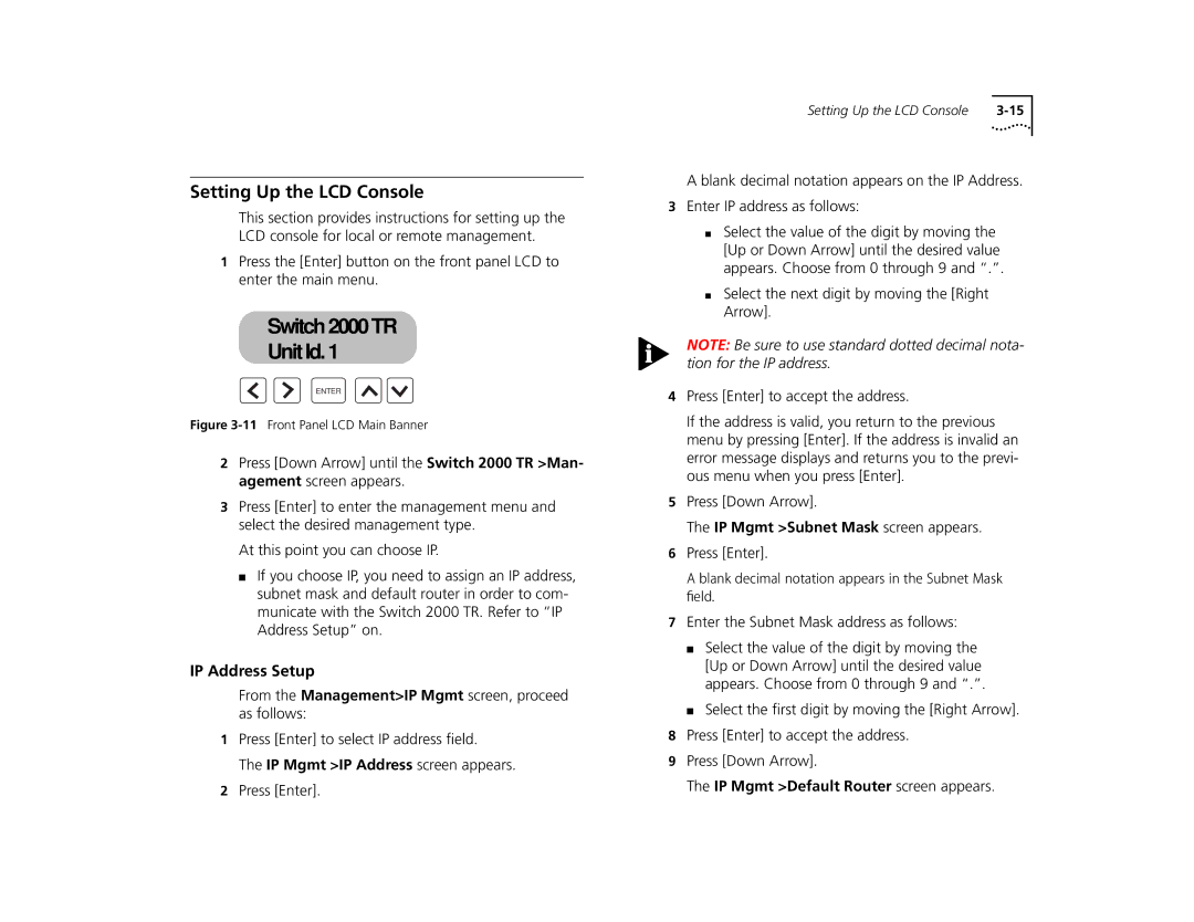 3Com TR manual Setting Up the LCD Console, IP Address Setup 