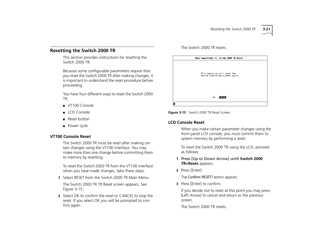 3Com manual Resetting the Switch 2000 TR, VT100 Console Reset, LCD Console Reset 