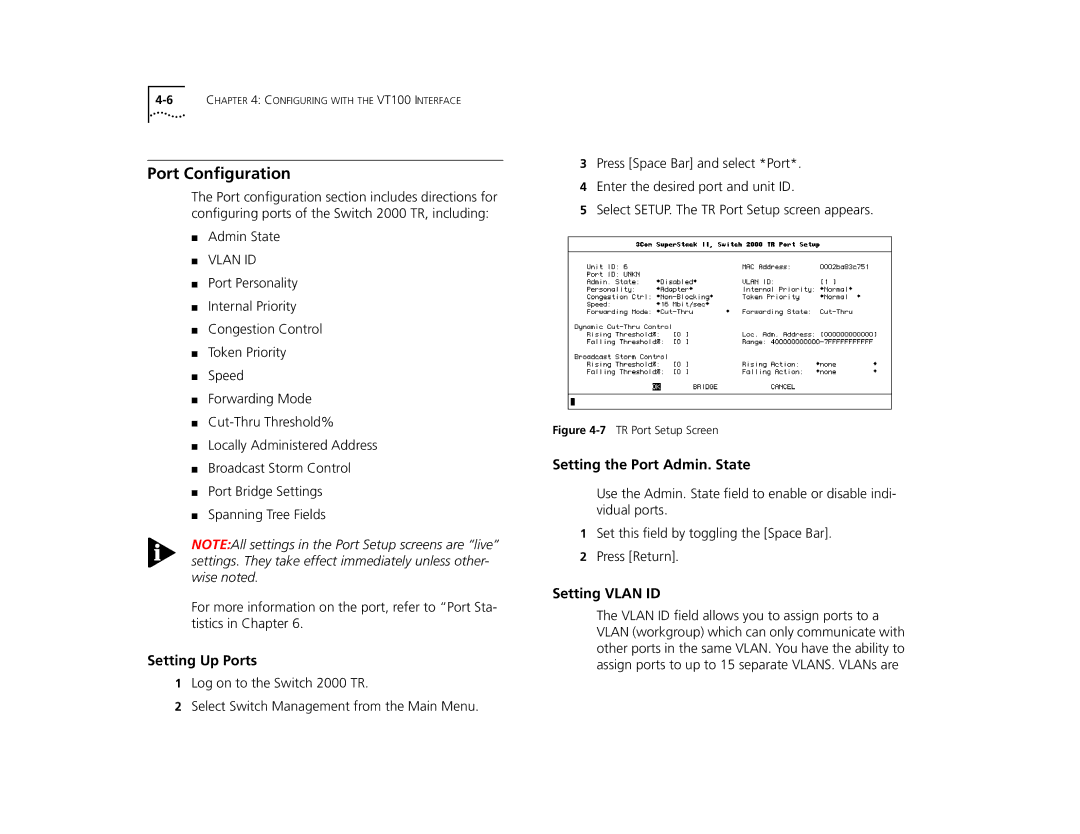 3Com TR manual Port Conﬁguration, Setting Up Ports, Setting the Port Admin. State, Setting Vlan ID 