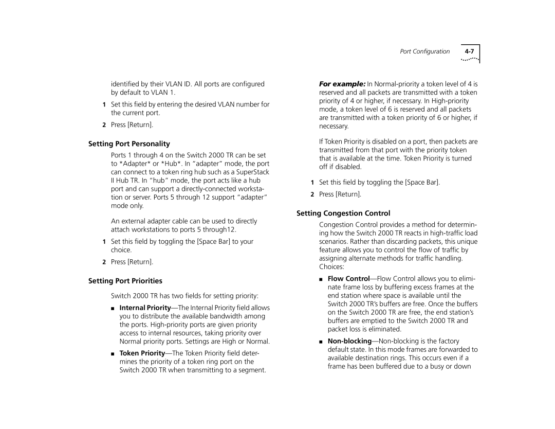 3Com TR manual Setting Port Personality, Setting Port Priorities, Setting Congestion Control 