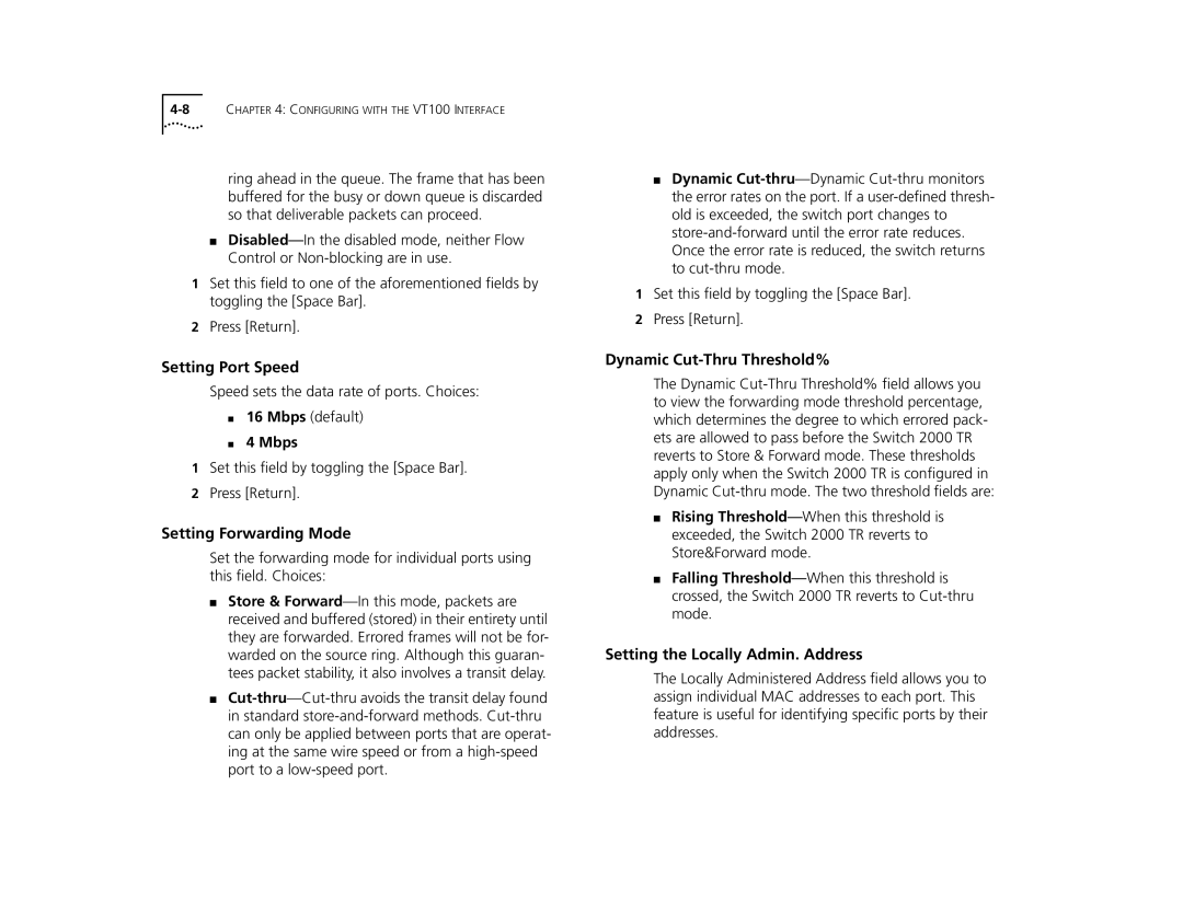 3Com TR Setting Port Speed, Setting Forwarding Mode, Dynamic Cut-Thru Threshold%, Setting the Locally Admin. Address, Mbps 