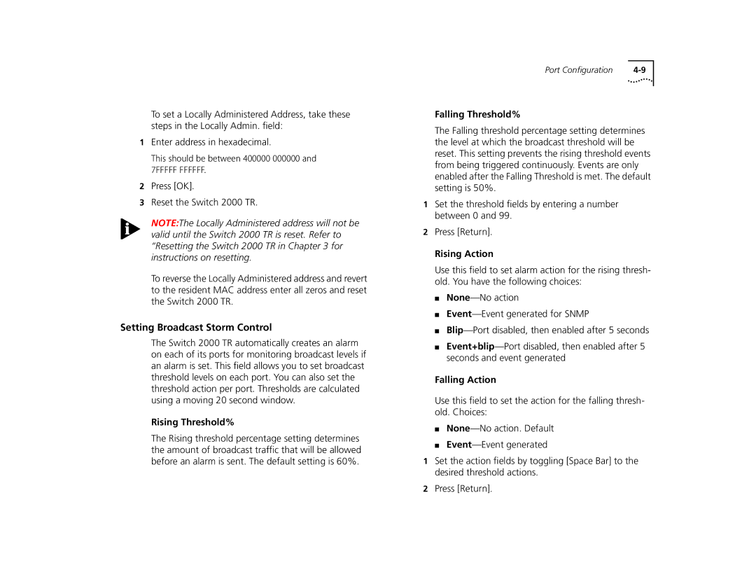 3Com TR manual Setting Broadcast Storm Control, Rising Threshold%, Falling Threshold%, Rising Action, Falling Action 