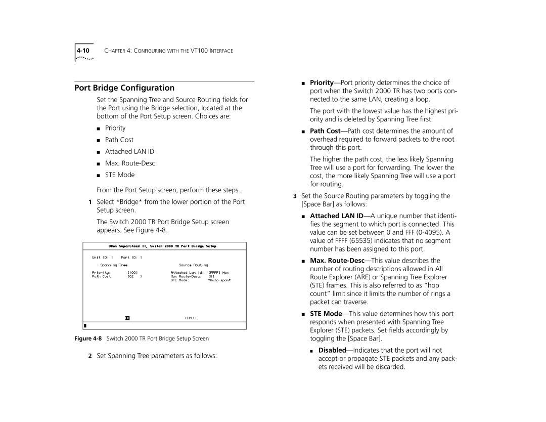 3Com manual Port Bridge Conﬁguration, 8Switch 2000 TR Port Bridge Setup Screen 