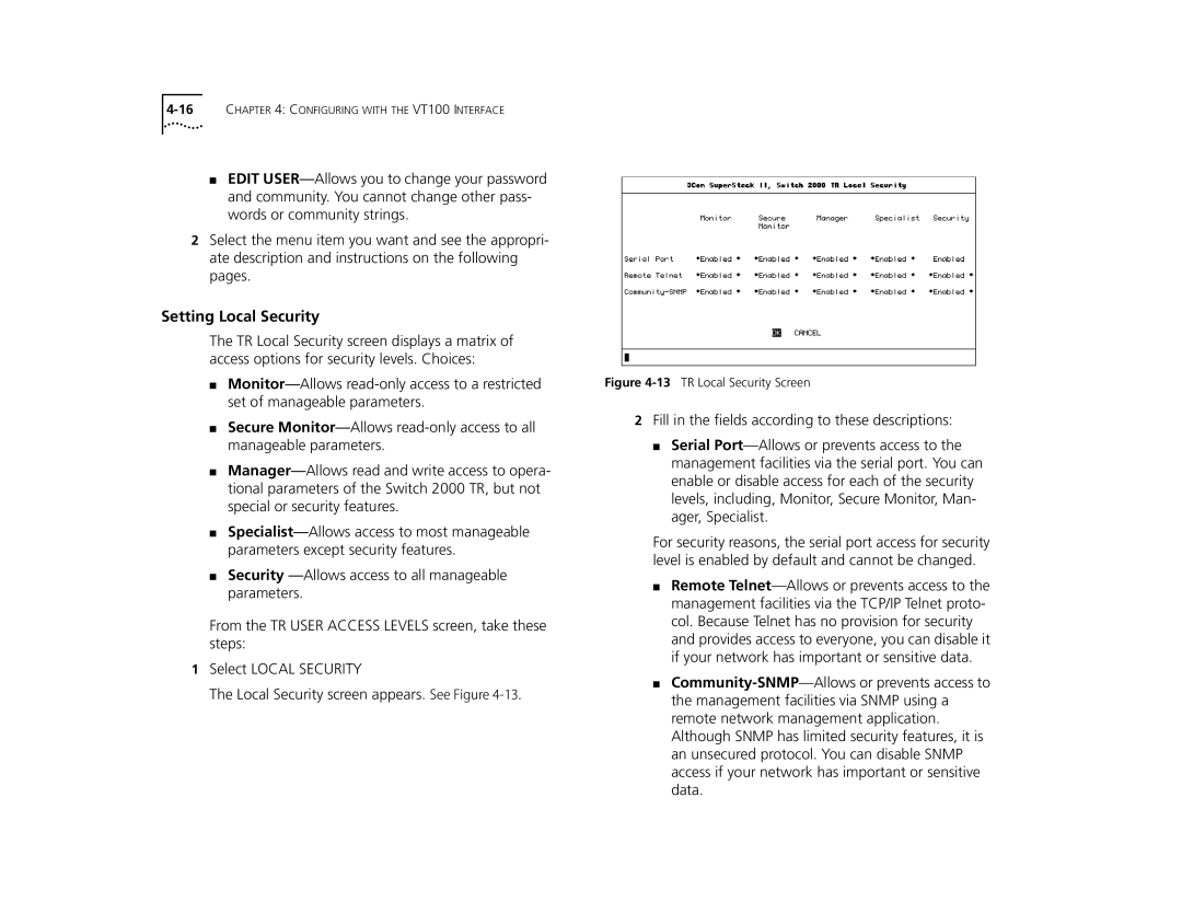 3Com manual Setting Local Security, 13TR Local Security Screen 