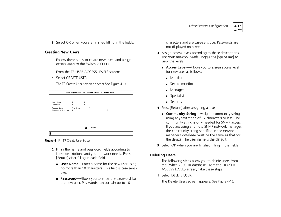 3Com TR manual Creating New Users, Deleting Users 