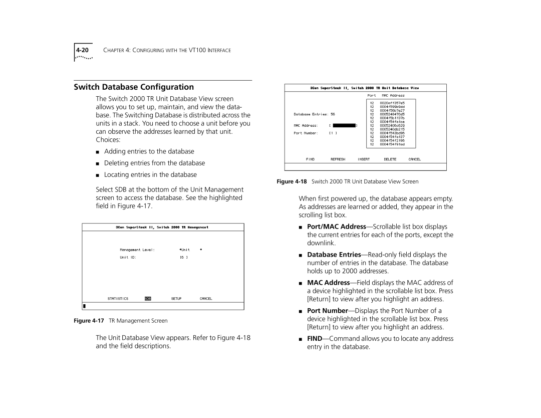 3Com manual Switch Database Conﬁguration, 17TR Management Screen 