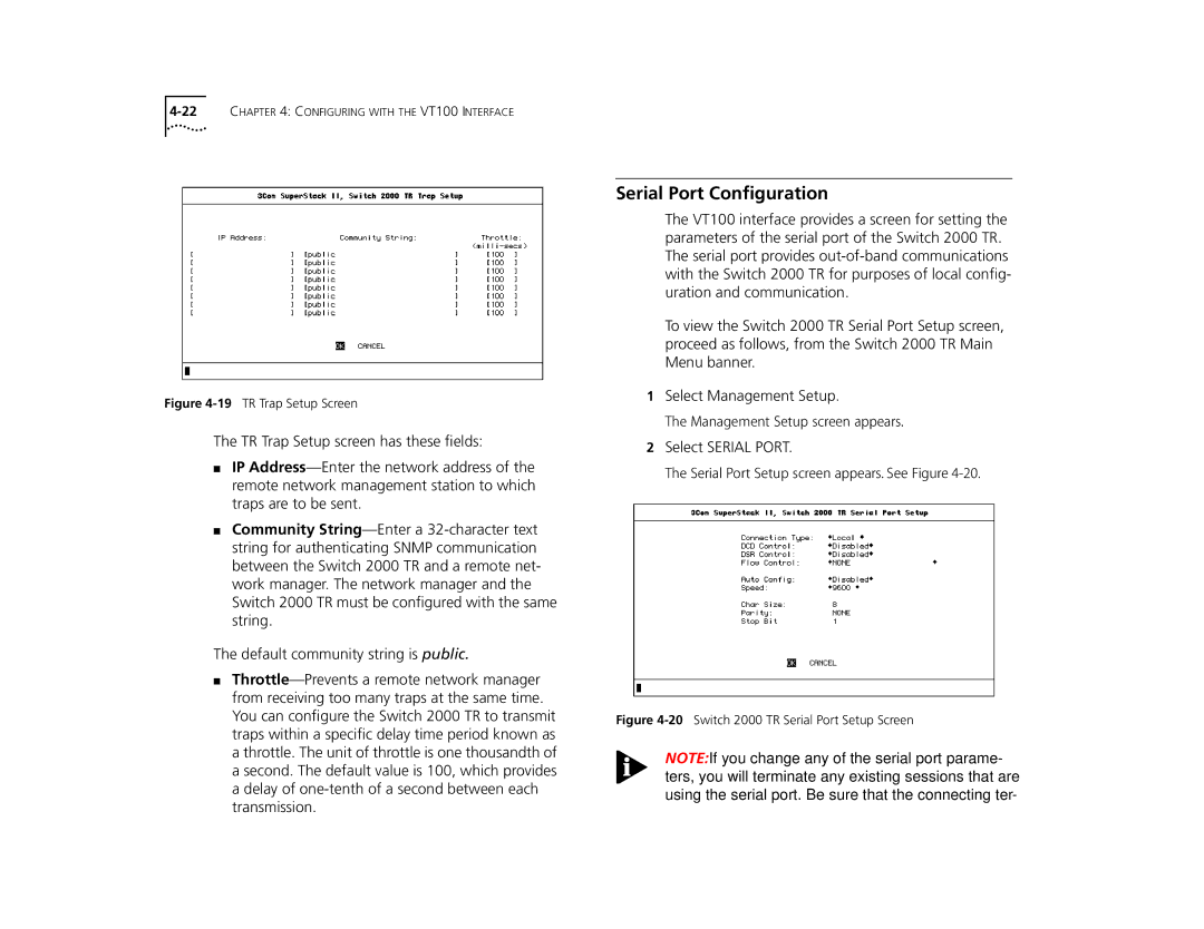 3Com manual Serial Port Conﬁguration, 19TR Trap Setup Screen 