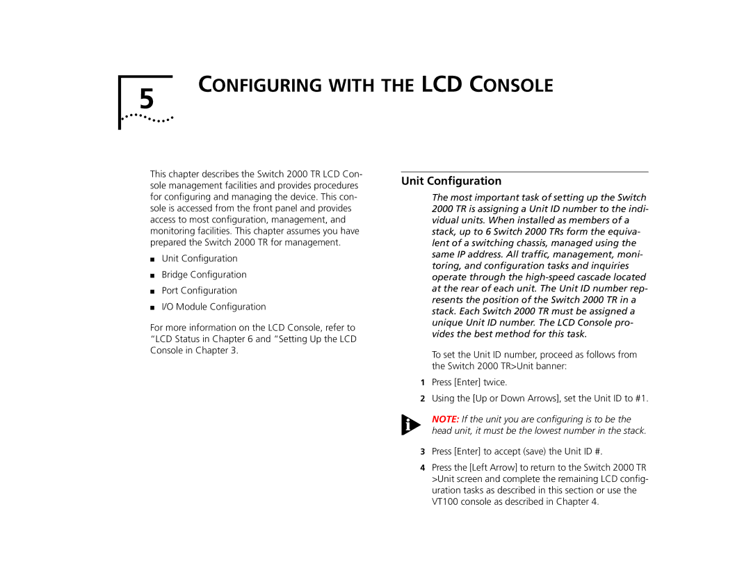 3Com TR manual Configuring with the LCD Console, Unit Conﬁguration 