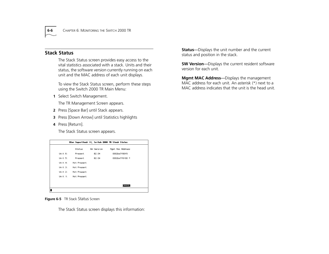 3Com manual 5TR Stack Status Screen 