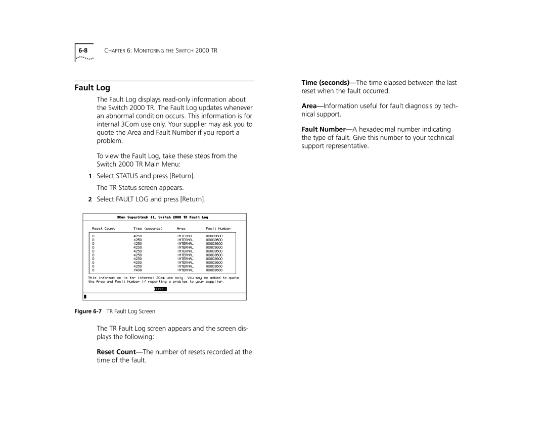 3Com manual 7TR Fault Log Screen 