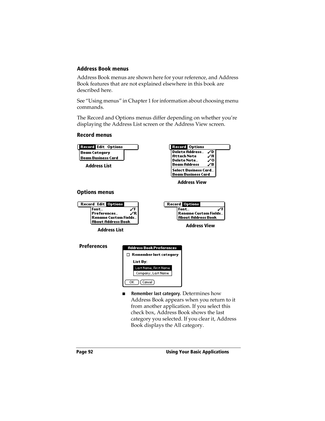 3Com TRGpro manual Address Book menus, Record menus, Options menus 