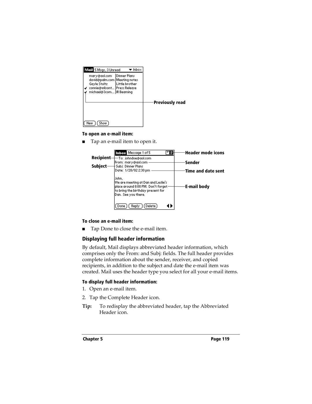 3Com TRGpro manual Displaying full header information, To open an e-mail item, To close an e-mail item 