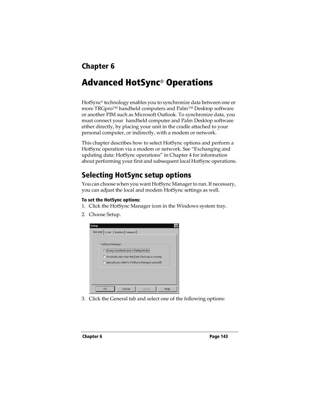 3Com TRGpro manual Selecting HotSync setup options, To set the HotSync options 