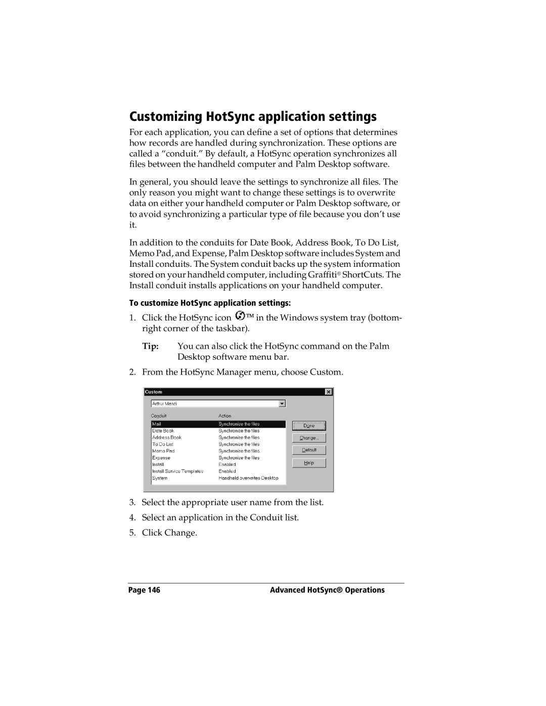 3Com TRGpro manual Customizing HotSync application settings, To customize HotSync application settings 