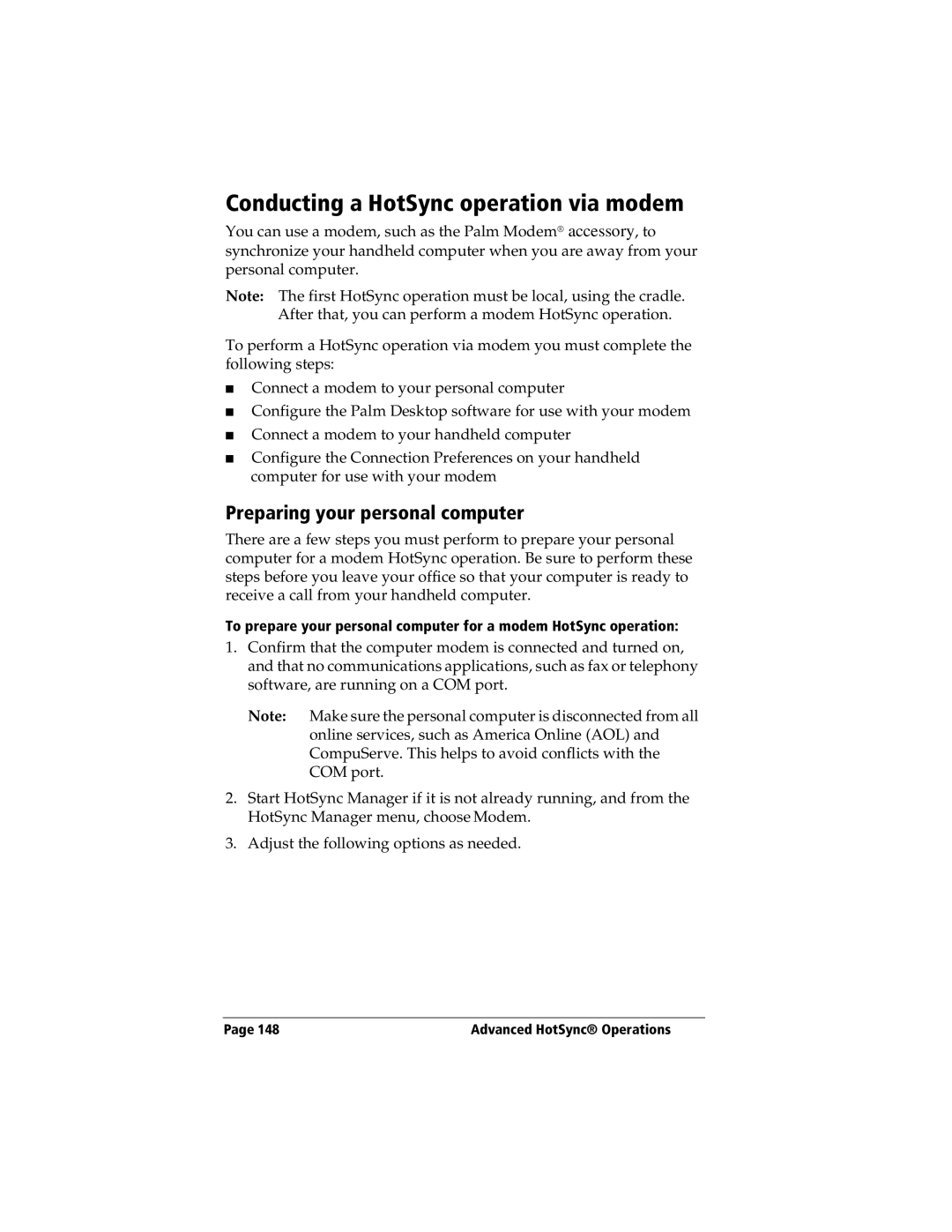 3Com TRGpro manual Conducting a HotSync operation via modem, Preparing your personal computer 