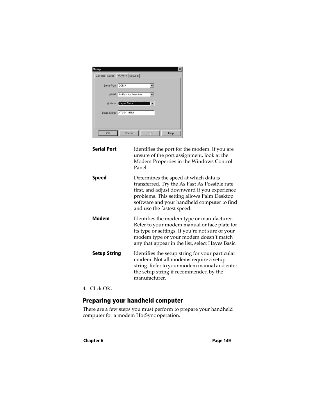 3Com TRGpro manual Preparing your handheld computer, Modem, Setup String 