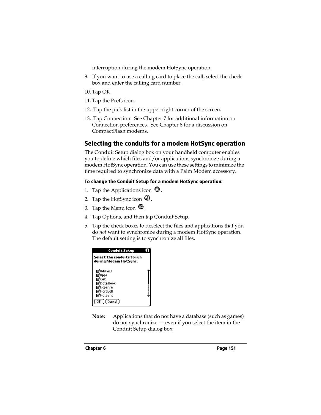 3Com TRGpro manual Selecting the conduits for a modem HotSync operation 