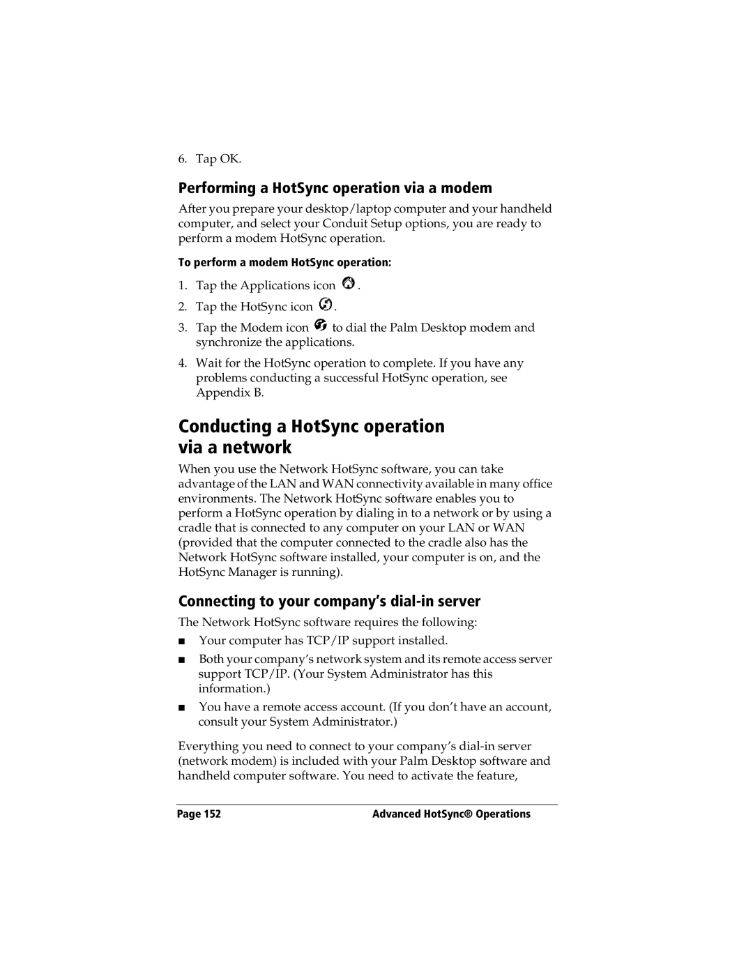 3Com TRGpro manual Conducting a HotSync operation via a network, Performing a HotSync operation via a modem 