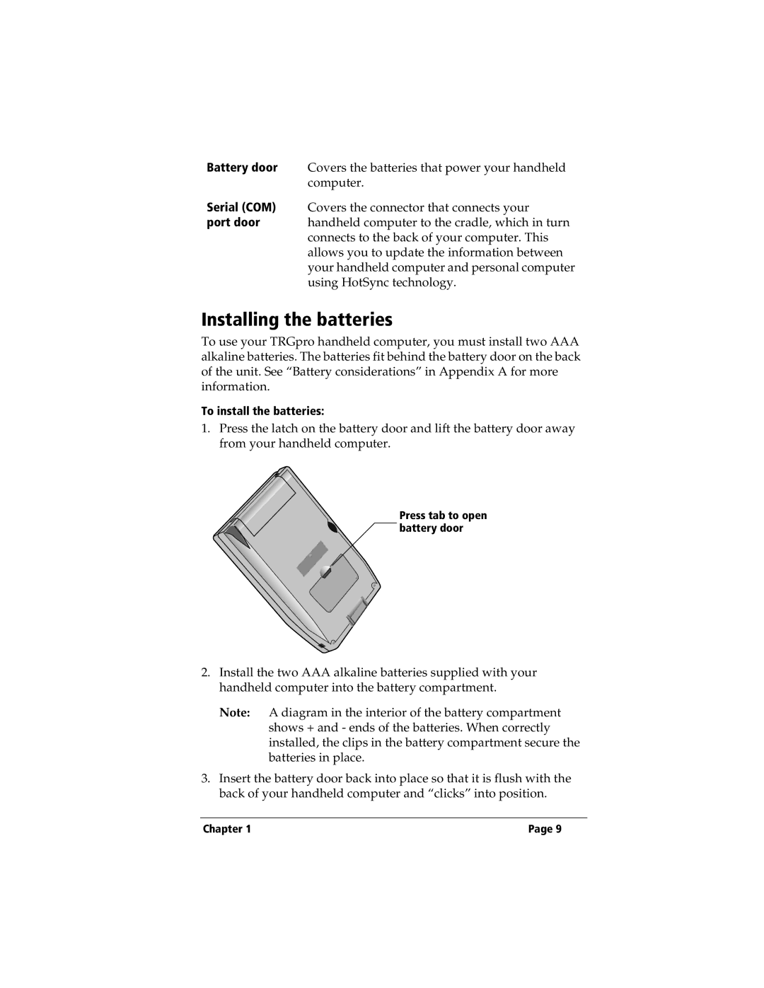 3Com TRGpro manual Installing the batteries, To install the batteries 