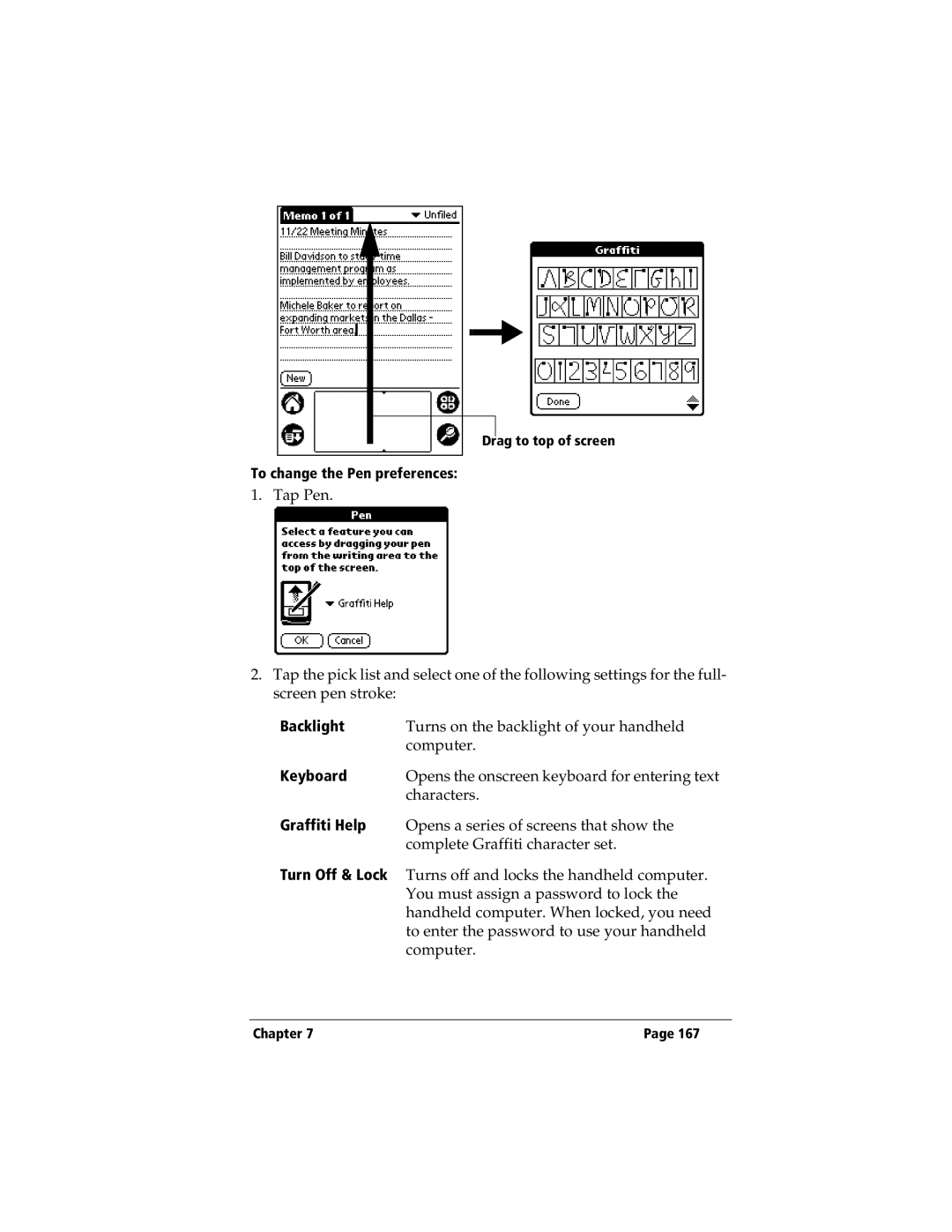 3Com TRGpro manual To change the Pen preferences, Backlight, Turn Off & Lock 