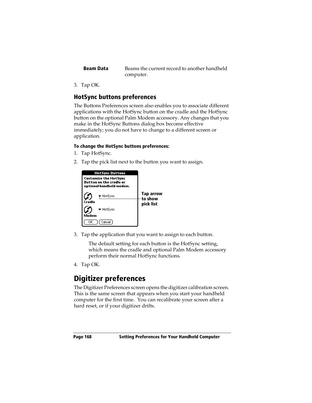 3Com TRGpro manual Digitizer preferences, Beam Data, To change the HotSync buttons preferences 