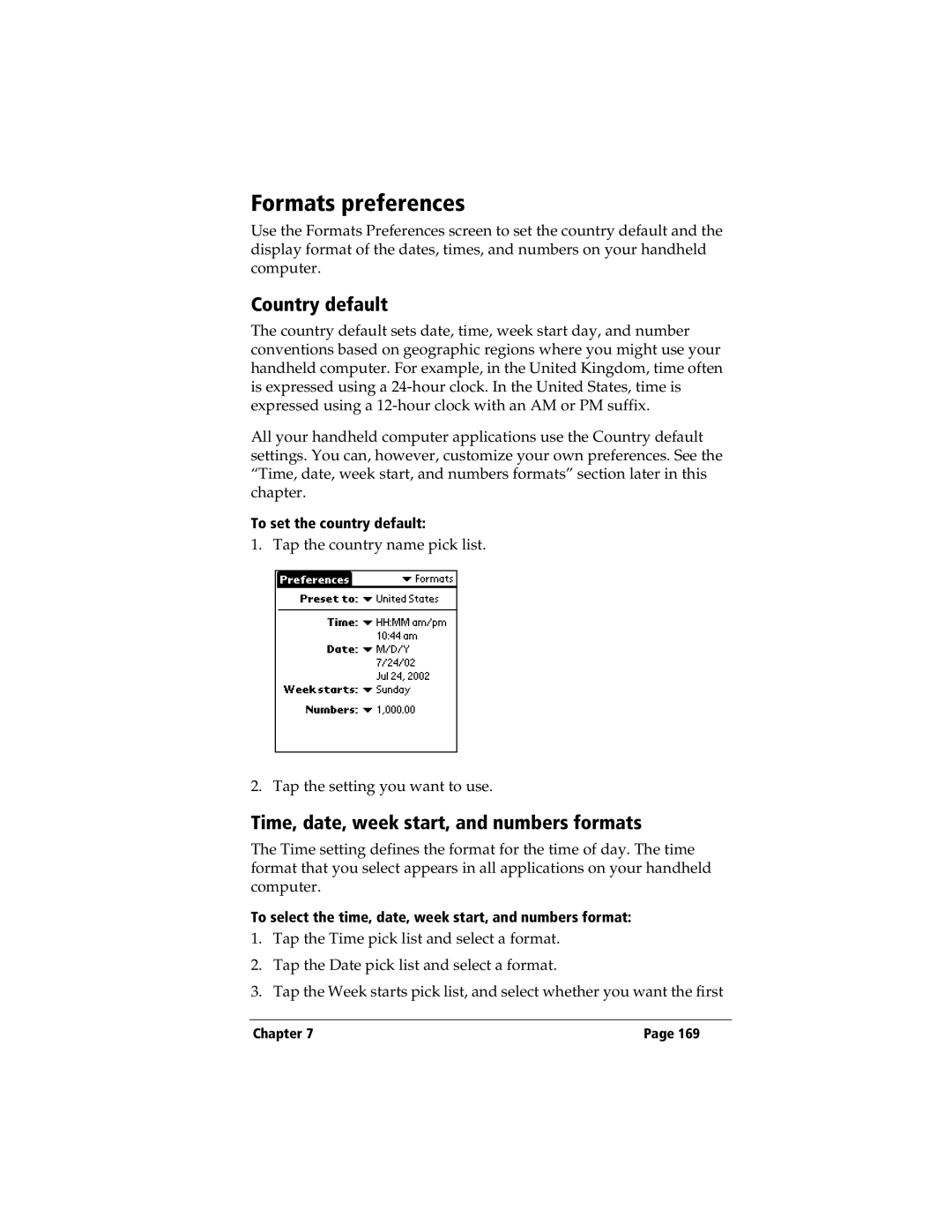 3Com TRGpro Formats preferences, Country default, Time, date, week start, and numbers formats, To set the country default 