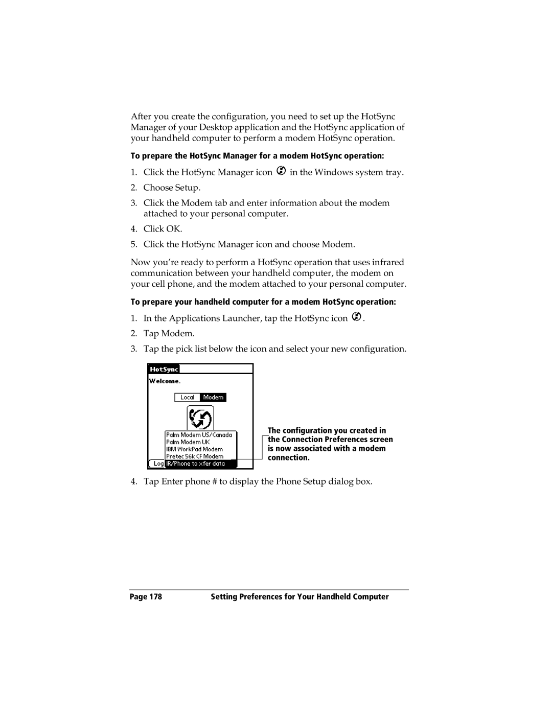 3Com TRGpro manual To prepare the HotSync Manager for a modem HotSync operation 