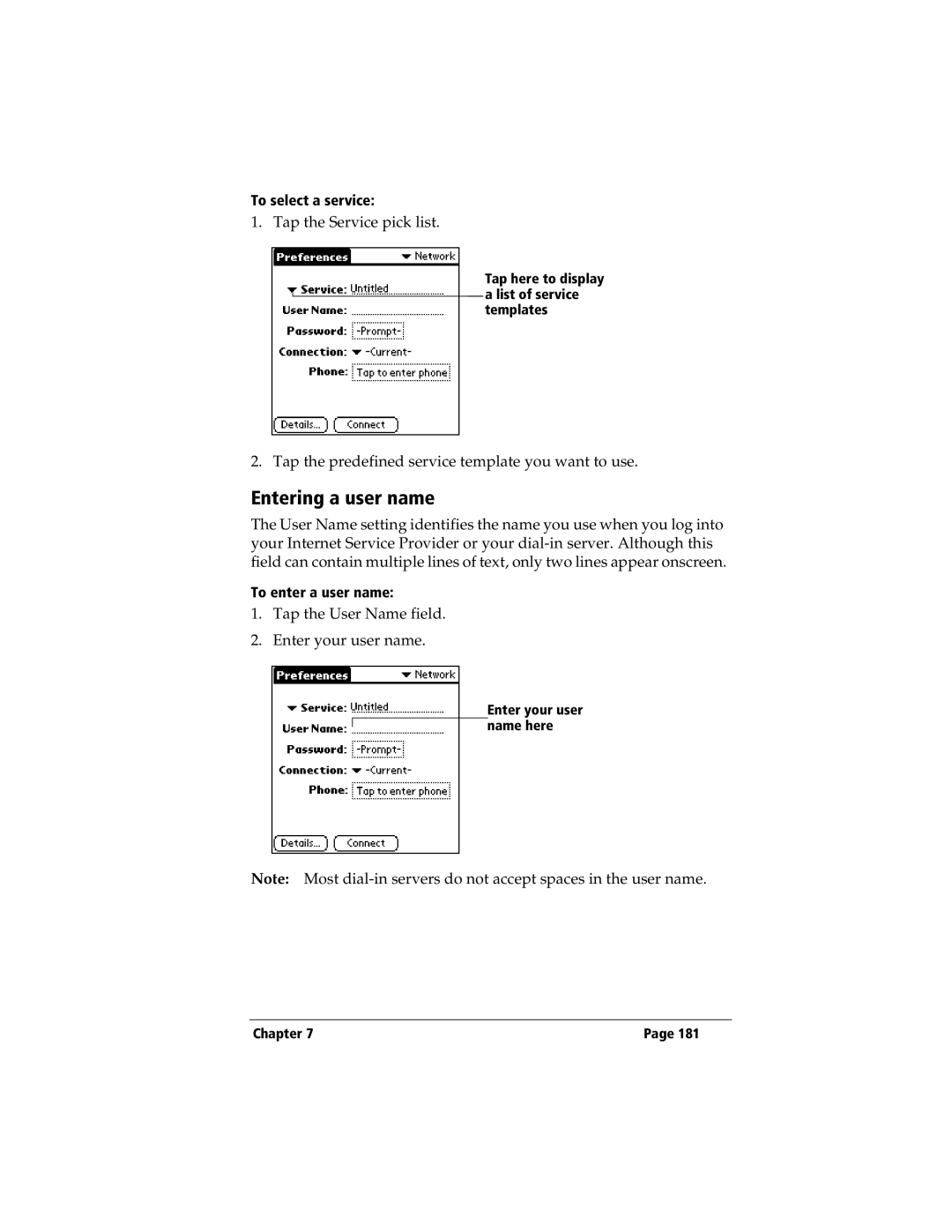 3Com TRGpro manual Entering a user name, To select a service, To enter a user name 