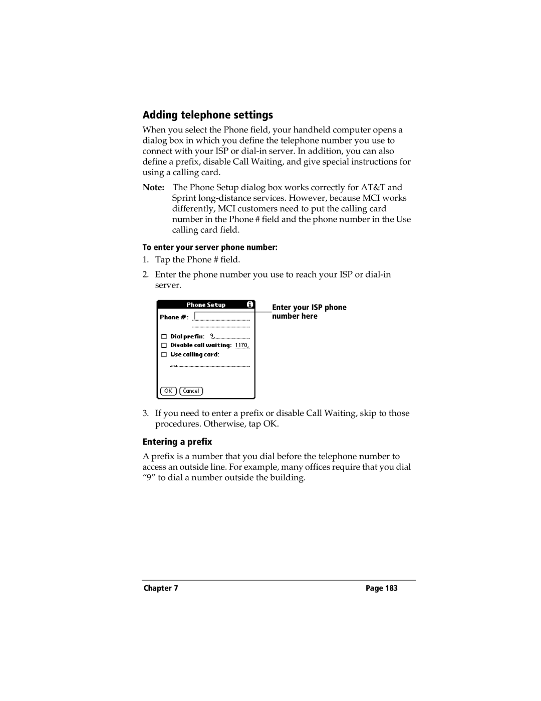 3Com TRGpro manual Adding telephone settings, Entering a prefix, To enter your server phone number 