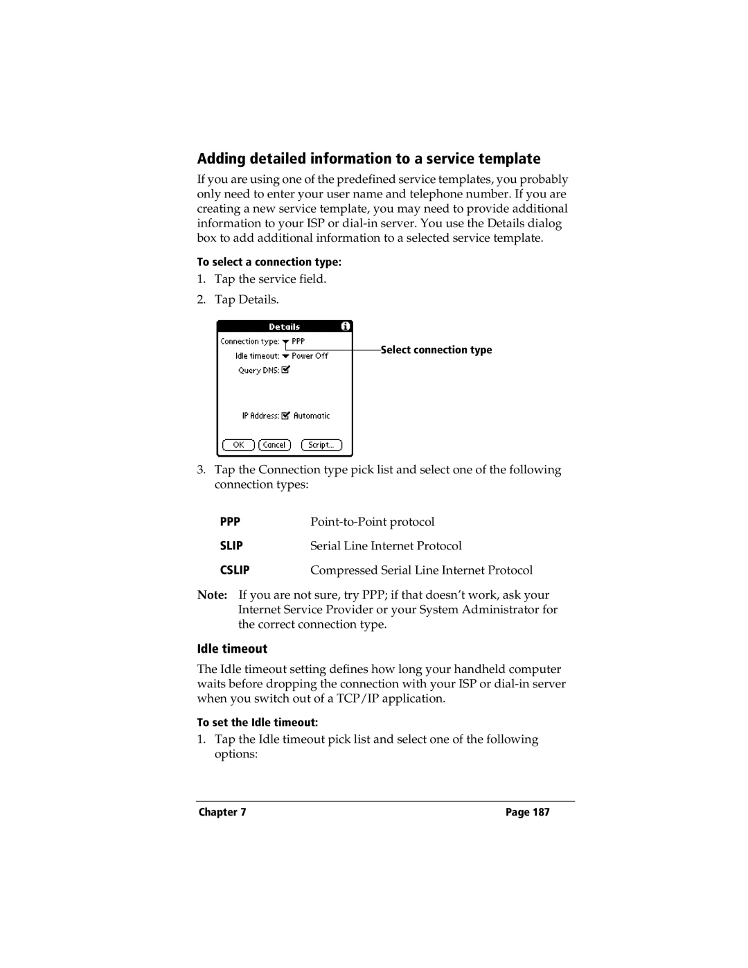 3Com TRGpro manual Adding detailed information to a service template, Idle timeout, To select a connection type 