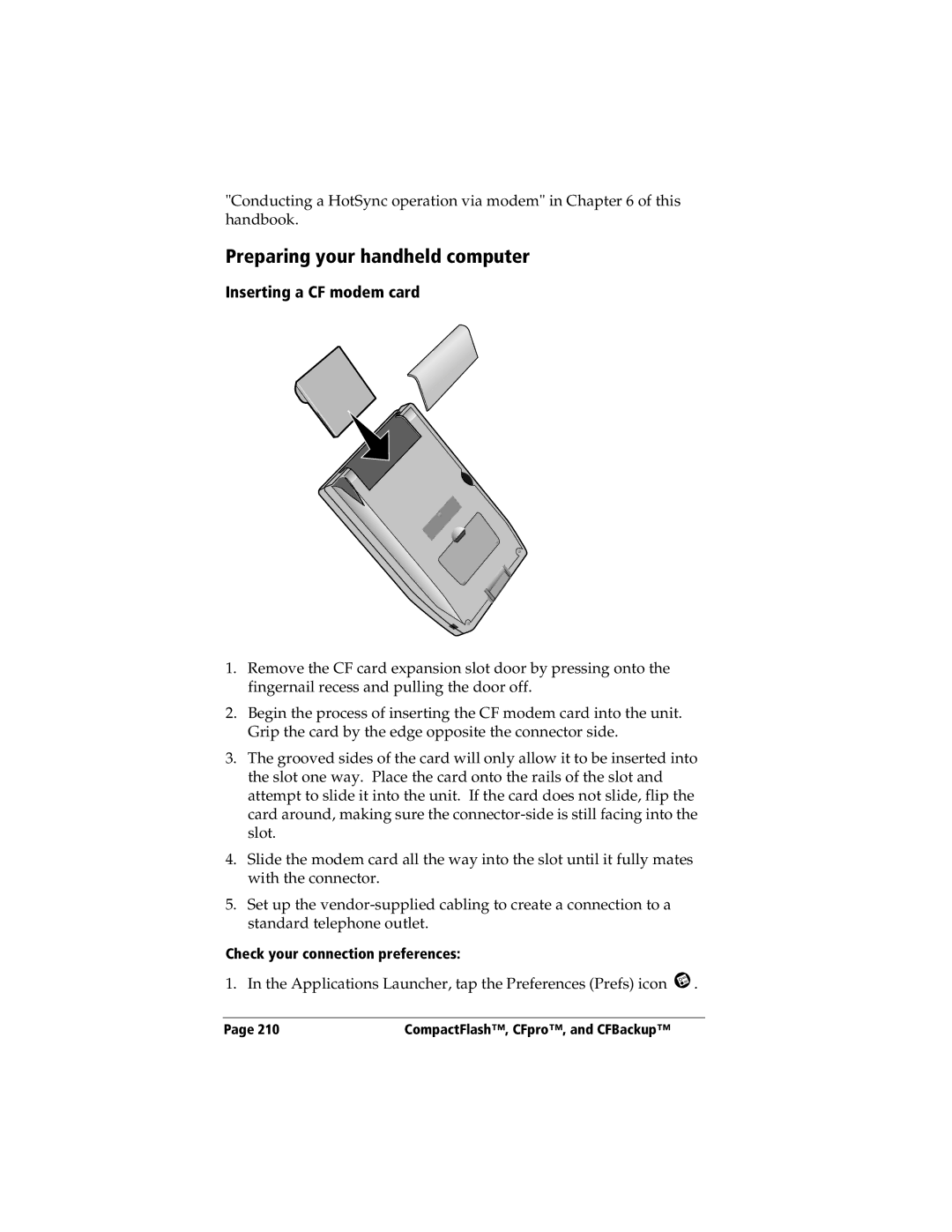 3Com TRGpro manual Inserting a CF modem card, Check your connection preferences 