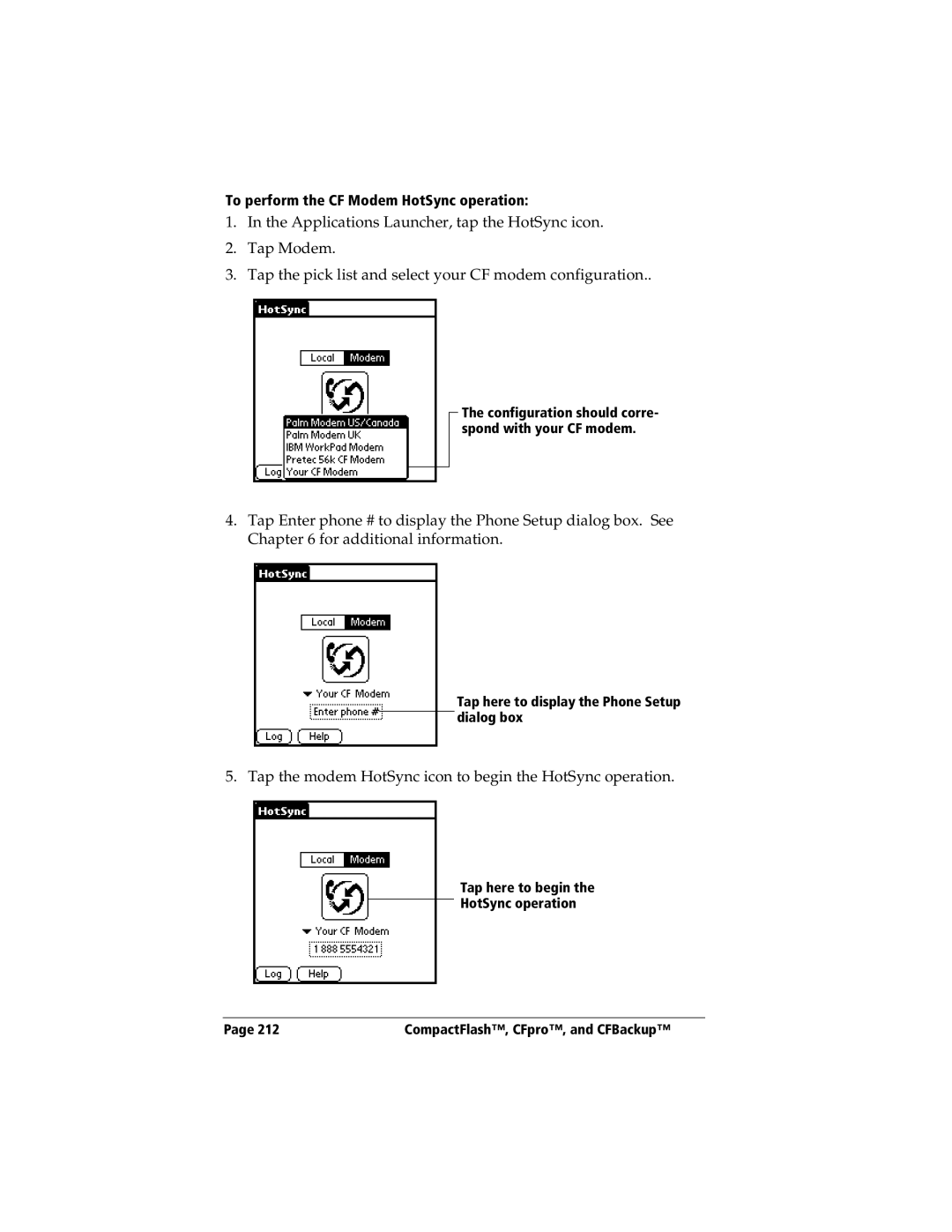 3Com TRGpro manual To perform the CF Modem HotSync operation 