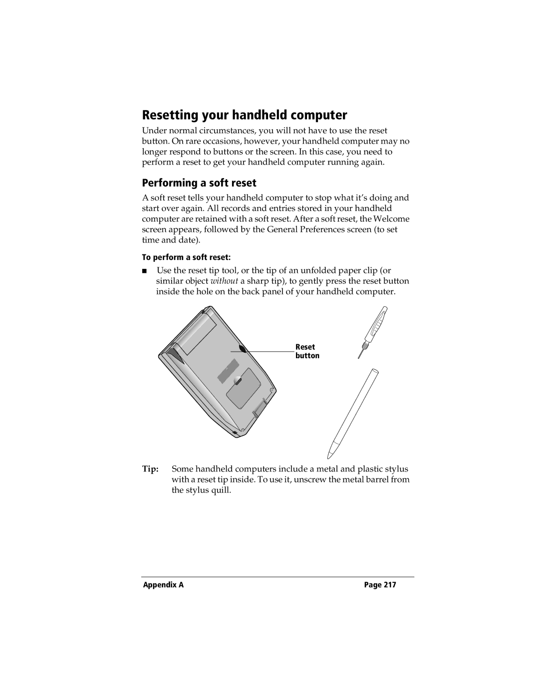 3Com TRGpro manual Resetting your handheld computer, Performing a soft reset, To perform a soft reset 