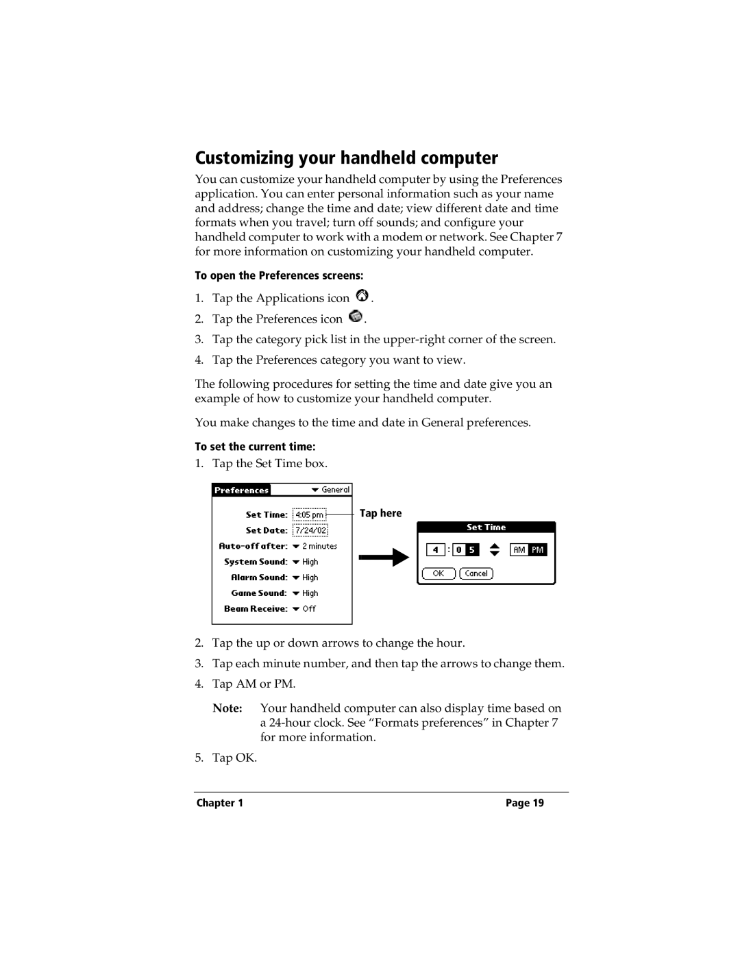 3Com TRGpro manual Customizing your handheld computer, To open the Preferences screens, To set the current time 