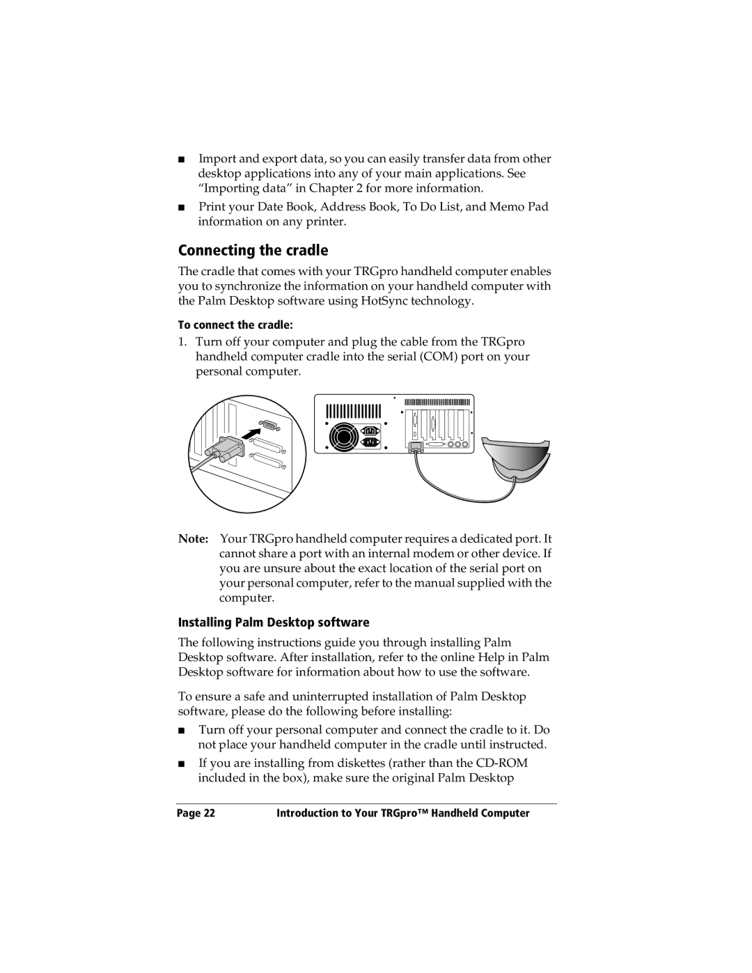 3Com TRGpro manual Connecting the cradle, Installing Palm Desktop software, To connect the cradle 