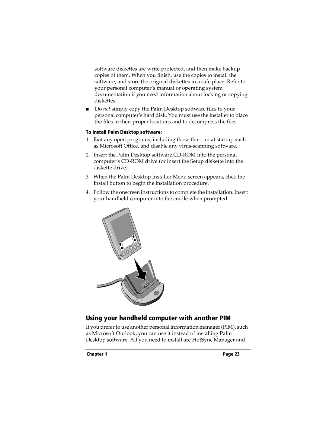 3Com TRGpro manual Using your handheld computer with another PIM, To install Palm Desktop software 